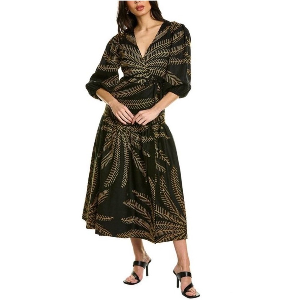 NEW Alexis Blisse Linen Wrap Dress Safari Breeze Black Gold Size Medium
